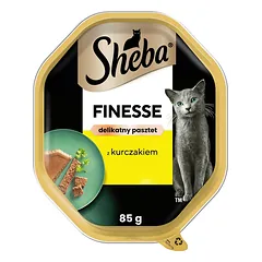 SHEBA Finesse dėžutės 44 x 85 g, visavertis šlapias pašaras suaugusioms katėms su vištiena (muse), 22+22 GRATIS.