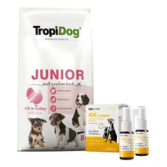 TROPIDOG Premium Junior mažų ir vidutinių veislių šunys su lašiša ir ryžiais 8kg + Lab-V ADE Complex - vitaminų A, D ir E kompleksas šunims ir katėms