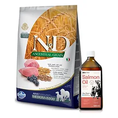 Farmina N&D LAMBULIŠKAS MĖLYNAUOGIS MEDIUM MAXI 12kg + Lab-V 100% lašišų aliejus įvairaus amžiaus šunims ir katėms 500ml šalto spaudimo