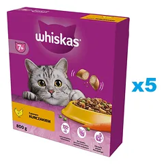 WHISKAS Senior 5x800g sausas ėdalas su gardžia vištiena vyresnio amžiaus katėms