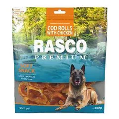 Šunims skirti skanėstai - Rasco Premium Snack menkės suktinukai, padengti vištiena, 500 g