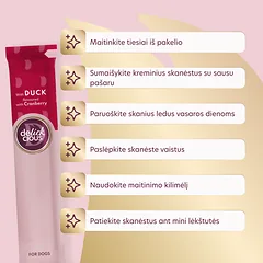 DELICKCIOUS kreminiai skanėstai su antiena ir spanguolėmis suaugusiems šunims (4x15 g), 60 g — 5 nuotrauka
