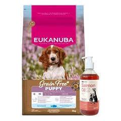 EUKANUBA Puppy&Junior Small/Medium Grain Free 12kg + LAB V Vitaminų praturtintas lašišų aliejus 500ml 
