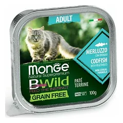 Monge BWild Grain Free Adult paštetas su menke ir daržovėmis, drėgnas maistas katėms 100 g