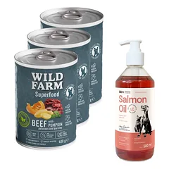 Wild Farm Superfood Beef 3x400 g pašaro šunims be grūdų + LAB V Lašišų aliejus šunims ir katėms 500ml