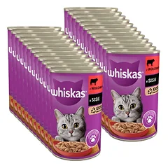 WHISKAS Adult konservų dėžutė 24x400g - drėgnas kačių ėdalas su jautiena padaže
