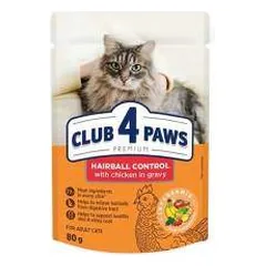 CLUB 4 PAWS Premium Visavertis konservuotas ėdalas suaugusioms katėms, palengvinantis plaukų sąvėlų šalinimą, 80 g