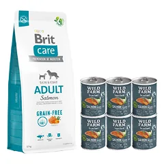 BRIT CARE Grain-free Adult Salmon 12kg + Wild Farm Superfood Salmon lašiša 6x400 g pašaro šunims be grūdų