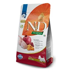 Farmina N&D Dog Grain Free Adult Mini Quail, Pumpkin, Pomegranate begrūdis sausas maistas suaugusiems mažų veislių šunims su putpelės mėsa, moliūgu ir granatu, 2 kg