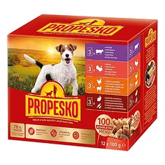 Konservai šunims PROPESKO Dog chicken/lamb, turkey, rabbit with carrots, pocket 12x100 g