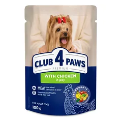 CLUB 4 PAWS Premium konservuotas ėdalas suaugusiems šunims su vištiena drebučiuose 24x100 gr