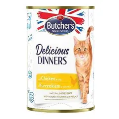 Konservuotas ėdalas katėms - Butchers CAT Delicious Dinners su vištienos gabaliukais drebučiuose 400 g