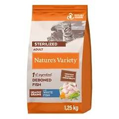 Nature's Variety Healthy Grain Sterilized sausas maistas sterilizuotoms katėms su balta žuvimi, 1,25 kg