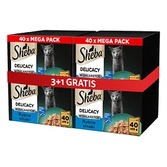 SHEBA Delicacy žuvies skonių gabalėliai želė, 4 x 40 x 85 g, šlapias pašaras katėms, 3+1 GRATIS.