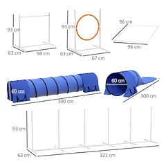 Agility trasos rinkinys šunims, lankas, 2 tuneliai, 2 barjerai, slalomas, 321 x 63 x 93 cm, baltas, oranžinis ir mėlynas — 3 nuotrauka