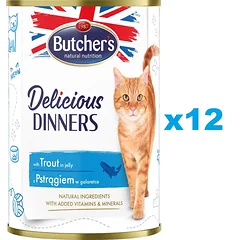 BUTCHER'S BUTCHER'S Delicious Dinners, kačių maistas, gabalėliai su upėtakiais drebučiuose, 12 x 400g