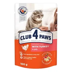 CLUB 4 PAWS Premium visavertis konservuotas maistas suaugusioms katėms su kalakutiena drebučiuose 80g.x24vnt.