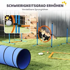 Agility rinkinys šunims, 8 dalių, su tuneliu, slalomo stulpais, reguliuojamais barjerais ir šuolių lanku, oranžinis — 5 nuotrauka