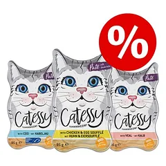 Catessy mišrus rinkinys, lėkštelės, paštetas su veršiena, vištiena ir menke, drėgnas maistas katėms