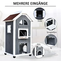 Lauko kačių namelis, 2 aukštų, iš kėnio medienos, su bitumine stogo danga, 1–2 katėms iki 5 kg, 59 x 55 x 109 cm, pilkas — 4 nuotrauka