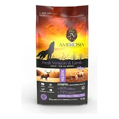 AMBROSIA grain-free Lamb & Fresh Venison Adult, begrūdis ėrienos ir šviežios elnienos sausas maistas šunims 2kg. – 12kg.