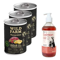 Wild Farm Monoprotein Wild Boar 3x400g hipoalerginis šunų ėdalas + LAB V Lašišų aliejus šunims ir katėms 500ml