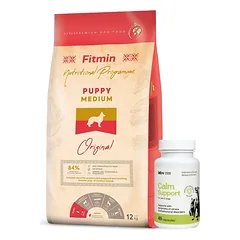 FITMIN Medium Puppy 12kg + LAB-V Calm Support - streso ir elgesio sutrikimų simptomų palaikymas 45 kapsulės