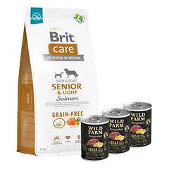 BRIT CARE Dog Grain-free Senior & Light Salmon 12kg + Wild Farm Monoprotein Wild Boar 3x400g hipoalerginis šunų ėdalas