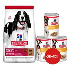 HILL'S Science Plan Canine Adult Medium Lamb & Rice 18 kg sausas pašaras vidutinių veislių suaugusiems šunims su ėriena ir ryžiais + 3 skardinės HILL'S šlapio pašaro dovanų.