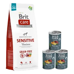 BRIT CARE Grain-free Sensitive Venison 12kg + Wild Farm Superfood Beef 3x400 g pašaro šunims be grūdų