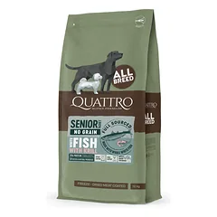 QUATTRO 12kg begrūdis visų veislių senjorų/dietinis šunų pašaras su balta žuvimi ir kriliu