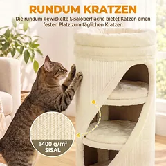 Draskyklė-bokštas 75 cm, Ø35 cm, su 3 nameliais, skalbiamu guoliu ir sizalio danga, 1–2 katėms iki 6 kg, smėlio spalvos — 5 nuotrauka