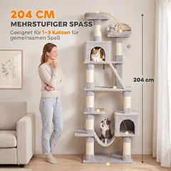 Draskyklė 204 cm su 2 nameliais, hamaku, kopėtėlėmis ir 8 sizalio stulpais, 1–3 katėms iki 6 kg, šviesiai pilka — 4 nuotrauka