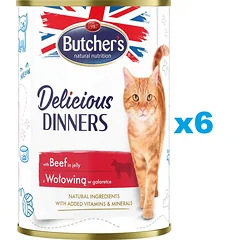 BUTCHER'S Delicious Dinners, kačių ėdalas, jautienos želė gabalėliai, 6 x 400g