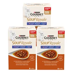 Gourmet Soup Royale suaugusių kačių maistas su lašiša, plekšne ir menke 18 x 45 g