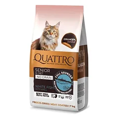 QUATTRO visavertis sausas dietinis/senstančių kačių pašaras su balta žuvimi ir kriliu (nuo 10 metų amžiaus, begrūdis)