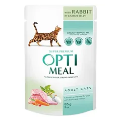 OPTIMEAL ™. Visavertis konservuotas maistas suaugusioms katėms su triušiena morkų drebučiuose 85g.x12vnt.