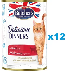 BUTCHER'S Delicious Dinners, kačių ėdalas, jautienos želė gabalėliai, 400g x 12