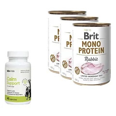 BRIT MONO PROTEIN RABBIT 3x400g + LAB-V Calm Support - streso ir elgesio sutrikimų simptomų palaikymas 45 kapsulės