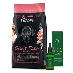 FITMIN dog For Life Duck & Turkey 12 kg + LAB-V Omega 3 ir 6 riebalų rūgštys bendrai šunų ir kačių sveikatos, kailio ir odos būklei gerinti 100ml