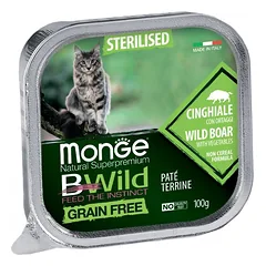 Monge BWILD Cat Grain Free Adult Sterilized Konservuotas maistas katėms (paštetas) (su šerniena ir daržovėmis) 100 g