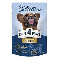 CLUB 4 PAWS PREMIUM PLUS „GABALIUKAI SU JAUTIENA IR DARŽOVĖMIS PADAŽE”. VISAVERTIS KONSERVUOTAS PAŠARAS SUAUGUSIEMS MAŽŲ VEISLIŲ ŠUNIMS 0,85g.* 24vnt.