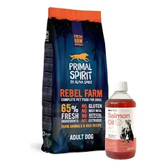 PRIMAL SPIRIT 65% Rebel Farm 12kg + LAB V Lašišų aliejus šunims ir katėms 500ml