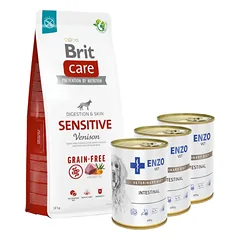 BRIT CARE Grain-free Sensitive Venison 12kg + 3x ENZO VET Žarnyno dieta šunims su ėriena 400g