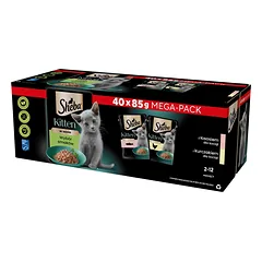 SHEBA Kitten skonio pakuotė 40x85 g - visavertis drėgnas maistas kačiukams su padažu (gabalėliai su: lašiša, vištiena)
