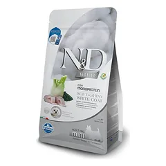 Farmina N&D Dog Grain Free White Coat S Jūros ešerys, Spirulina be grūdų sausas maistas mažų veislių šunims su baltu kailiu, 2 kg