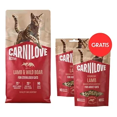 CARNILOVE Active Cat Lamb & Wild Boar Sterilised 6 kg – su ėriena ir šerniena sterilizuotoms katėms + CARNILOVE Crunchy Snack Cat Lamb 2 x 50 g DOVANŲ