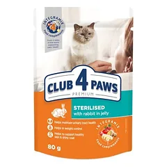 CLUB 4 PAWS Premium visavertis konservuotas ėdalas suaugusioms sterilizuotoms katėms su triušiena drebučiuose 80g.x24vnt.