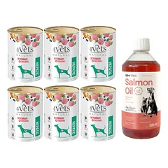 4Vets šunims kepenų 6x400g + LAB V Lašišų aliejus šunims ir katėms 500ml