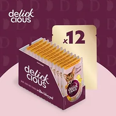 Delickcious™ dribsniai kreminiame padaže katėms – triušiena ir tropiniai vaisiai (konservai)